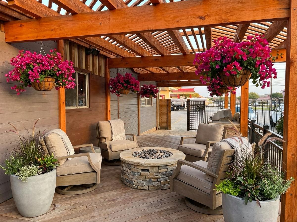 Midtown Ranchero cedar pergola with fire pit rendering