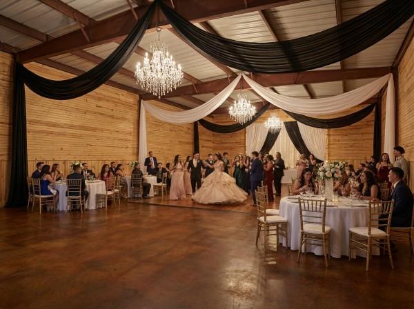 Midtown Ranchero interior rendering — crystal chandeliers and elegant ceiling draping